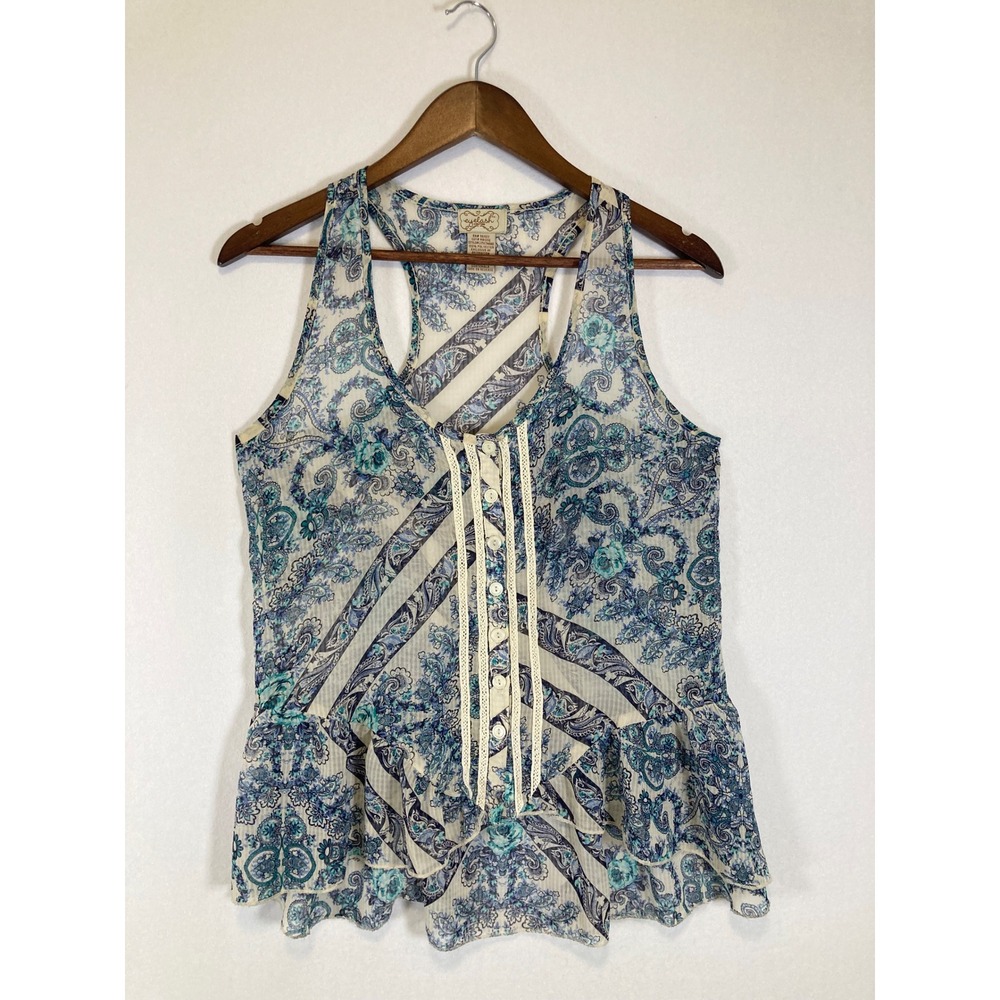 Boho Eyelash Couture Women Medium Blue Paisley Lace Up Peplum Racerback Tank Top